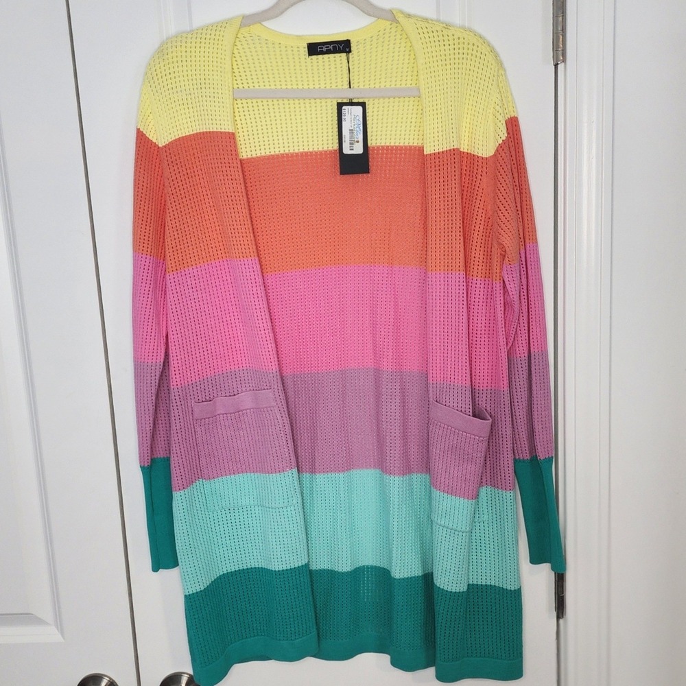APNY Rainbow Stripe Mesh Knit Longline Cardigan Sweater M